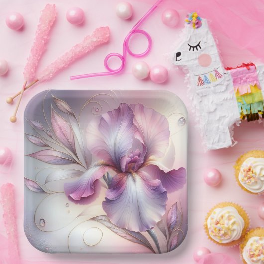 Assiettes En Carton Fleur Iris Avec Etch Or (Fête)