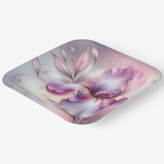 Assiettes En Carton Fleur Iris Avec Etch Or (Angulaire)