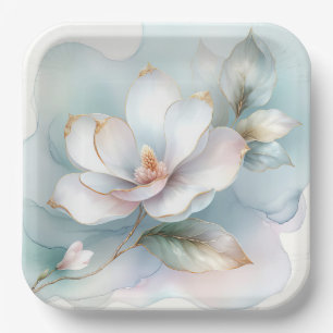 Assiettes En Carton Fleur Magnolia Blanche À Bord Doré