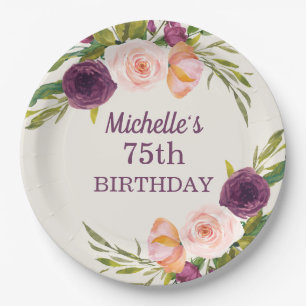 Assiettes En Carton Fleur rose blush violet Crème 75e anniversaire