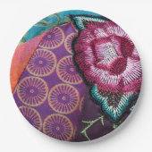 Assiettes En Carton Fleur rose brodée look boho violet (Devant)