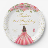 Assiettes En Carton Fleur rose Brunette Coiffeuse Fille Anniversaire (Devant)