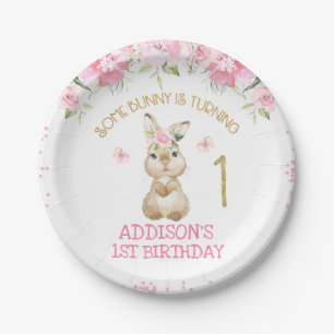 Assiettes En Carton Fleur rose Bunny Or Bunny un premier anniversaire