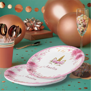 Assiettes En Carton Fleur rose Fête d'anniversaire licorne