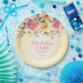 Assiettes En Carton Fleur rose jaune 100e fête d'anniversaire (Fête)