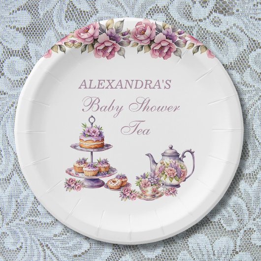 Assiettes En Carton Fleur rose Lilac Tea Party Baby Girl Douche