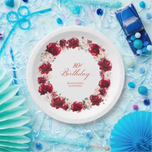 Assiettes En Carton Fleur rose rouge personnalisée 80e fête d'annivers (Fête)