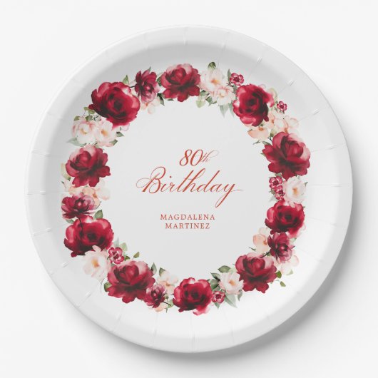 Assiettes En Carton Fleur rose rouge personnalisée 80e fête d'annivers (Devant)