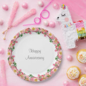 Assiettes En Carton Fleur rose sur blanc Bonne Anniversaire (Fête)