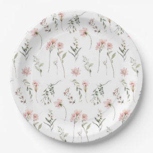 Assiettes En Carton Fleur sauvage aquarelle rose et vert sauge