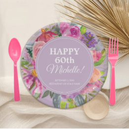 Assiettes En Carton Fleur sauvage aquarelle rose violet 60 ans