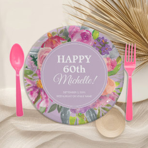 Assiettes En Carton Fleur sauvage aquarelle rose violet 60 ans