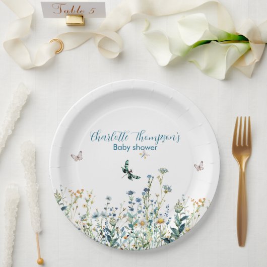 Assiettes En Carton Fleur sauvage bleu et vert (Mariage)