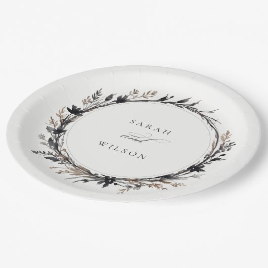 Assiettes En Carton Fleur sauvage Boho Black Brown Automne Mariage (Angle)