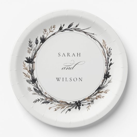 Assiettes En Carton Fleur sauvage Boho Black Brown Automne Mariage (Devant)