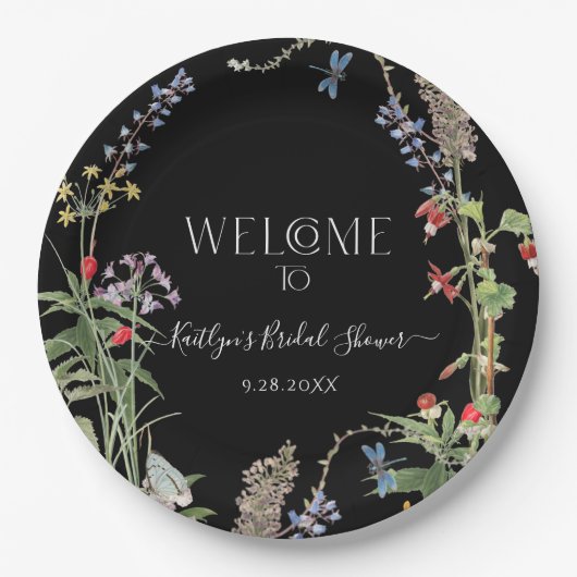 Assiettes En Carton Fleur sauvage Boho Floral Black Welcome Fête des m (Devant)