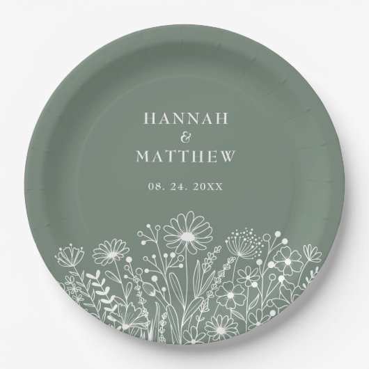 Assiettes En Carton Fleur sauvage Boho Sage Green Mariage (Devant)