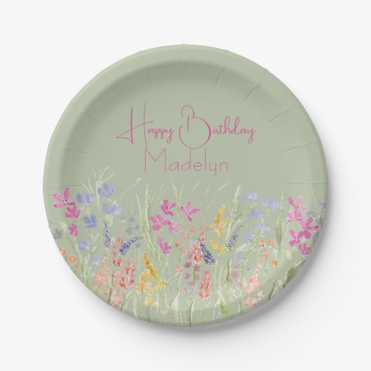 Assiettes En Carton Fleur sauvage d'aquarelle verte Sage Anniversaire (Devant)