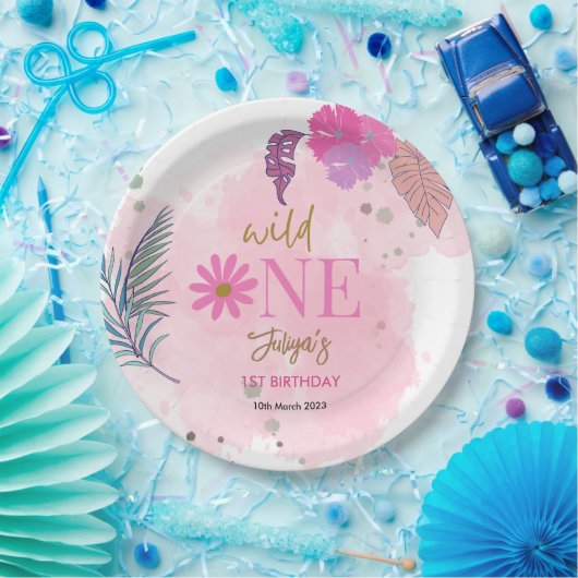Assiettes En Carton Fleur sauvage fille en feuille tropicale 1er anniv (Fête)