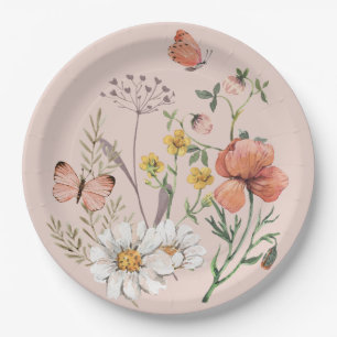 Assiettes En Carton Fleur sauvage floral rose pâle rond