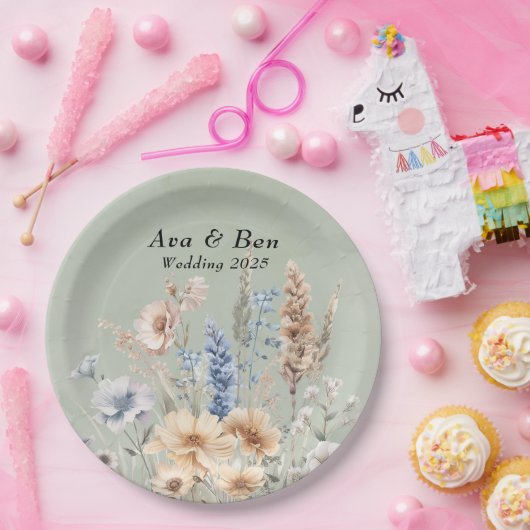 Assiettes En Carton Fleur sauvage Mariage Sage Green Dusty (Fête)