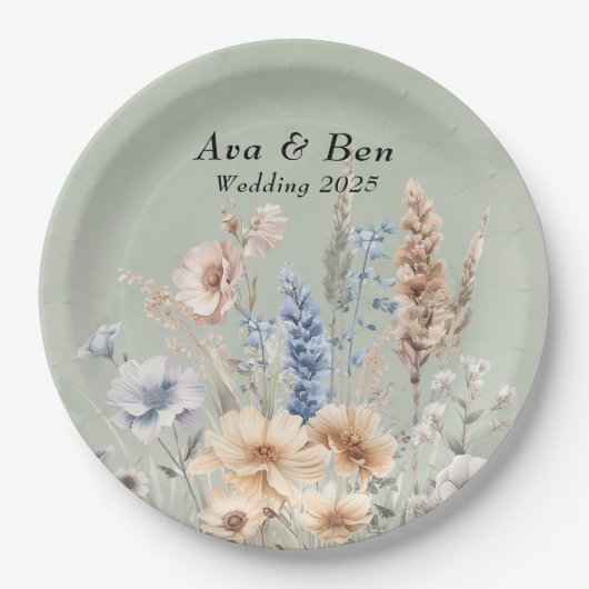 Assiettes En Carton Fleur sauvage Mariage Sage Green Dusty (Devant)
