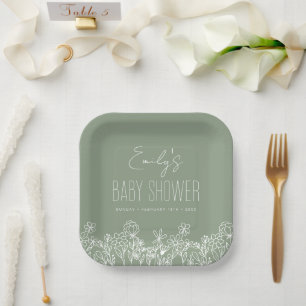Assiettes En Carton Fleur sauvage Sage Green Baby shower Boho En Fleur