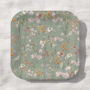 Assiettes En Carton Fleur sauvage Sage Green Baby shower Boho En Fleur