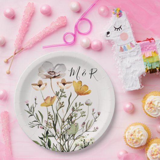 Assiettes En Carton Fleur sauvage séché par un monogramme personnalisé (Fête)