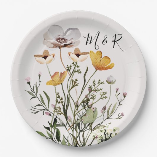 Assiettes En Carton Fleur sauvage séché par un monogramme personnalisé (Devant)