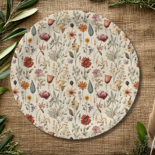 Assiettes En Carton Fleur sauvage séchée vintage bordeaux rose jaune