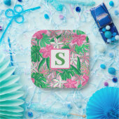 Assiettes En Carton Fleur tropicale Monogramme rose blanc vert Preppy (Fête)