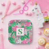 Assiettes En Carton Fleur tropicale Monogramme rose blanc vert Preppy (Fête)