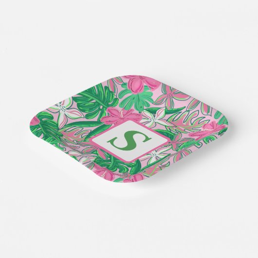 Assiettes En Carton Fleur tropicale Monogramme rose blanc vert Preppy (Angulaire)
