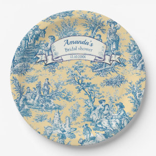 Assiettes En Carton Fleur vintage jaune turquoise toile de Jouy