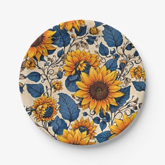 Assiettes En Carton Fleuron bronzé : Artwork de tournesols vibrants (Devant)