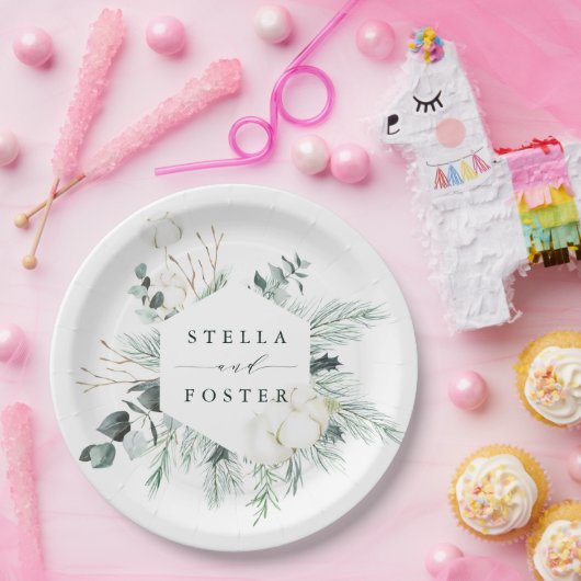 Assiettes En Carton Fleurs à feuillage persistant et coton Elégant Mar (Fête)