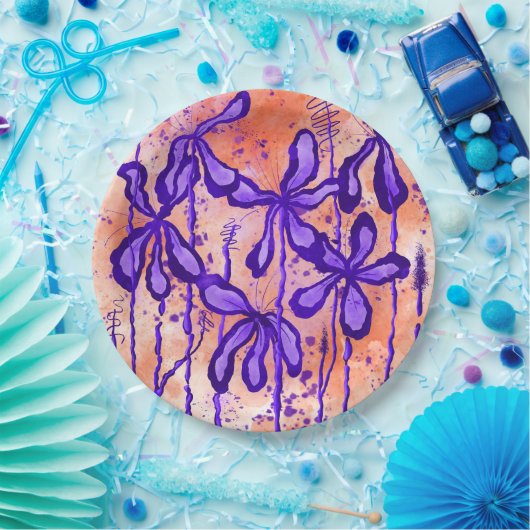 Assiettes En Carton Fleurs Abstraites encrées Orange violet (Fête)