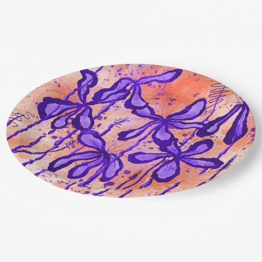 Assiettes En Carton Fleurs Abstraites encrées Orange violet (Angle)