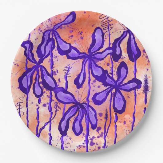 Assiettes En Carton Fleurs Abstraites encrées Orange violet (Devant)