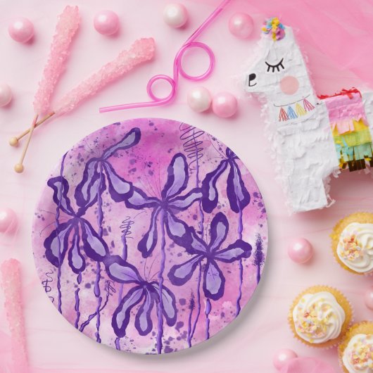 Assiettes En Carton Fleurs Abstraites encrées violet rose (Fête)