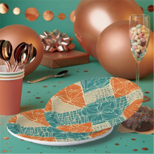 Assiettes En Carton Fleurs abstraites sarcelle, orange et beige
