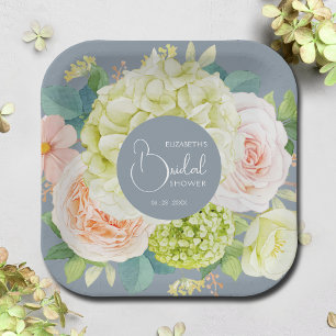 Assiettes En Carton Fleurs aquarelles bleu poussiéreux Baby Shower de