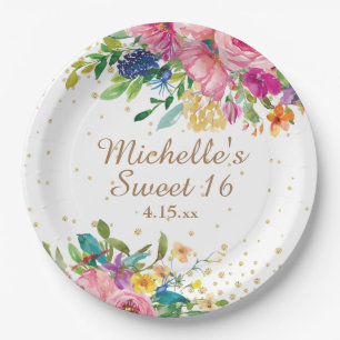 Assiettes En Carton Fleurs aquarelles roses paillettes dorées Sweet 16