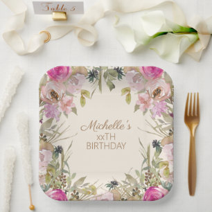 Assiettes En Carton Fleurs aquarelles roses pour anniversaire tout âge