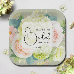 Assiettes En Carton Fleurs aquarelles Vert Sauge Baby Shower Mariage