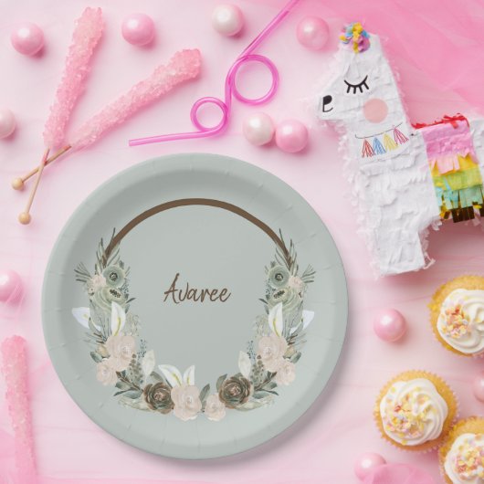 Assiettes En Carton Fleurs aquarelles vert sauge et vanille crémeuse (Fête)