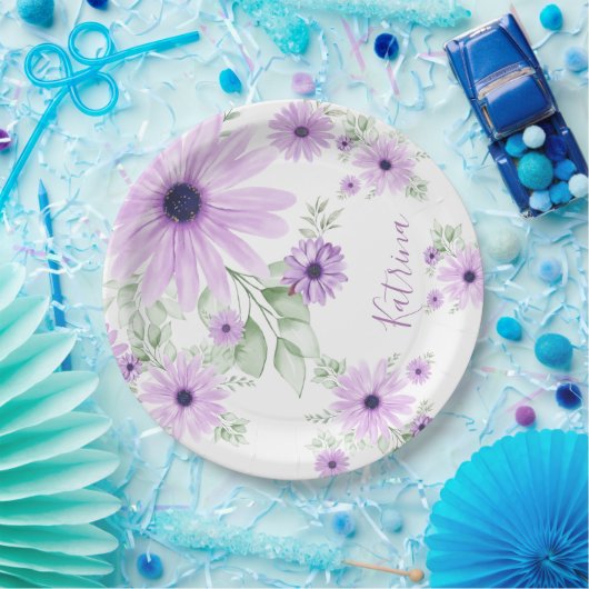 Assiettes En Carton Fleurs aquarelles violettes et vertes personnalisé (Fête)
