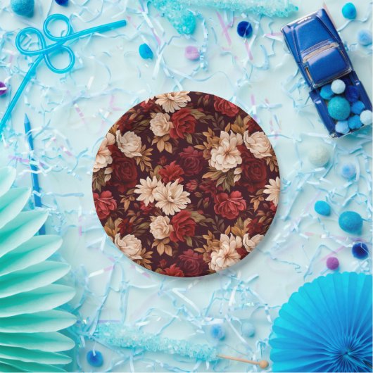 Assiettes En Carton Fleurs beiges bordeaux bohème (Fête)