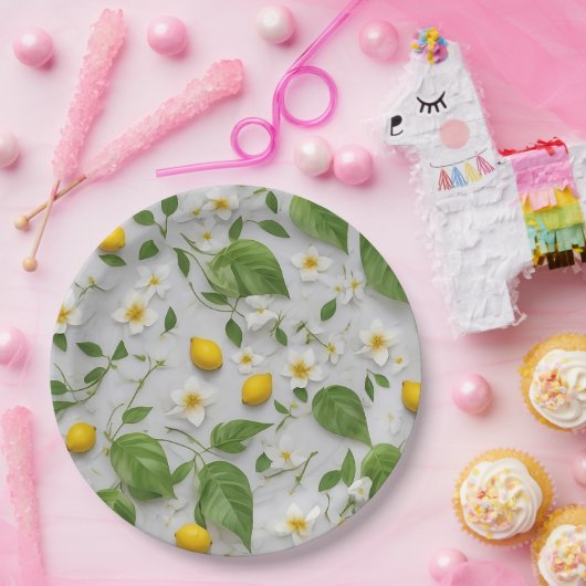 Assiettes En Carton Fleurs blanches Citrons Vert Feuille Motif sur bla (Fête)